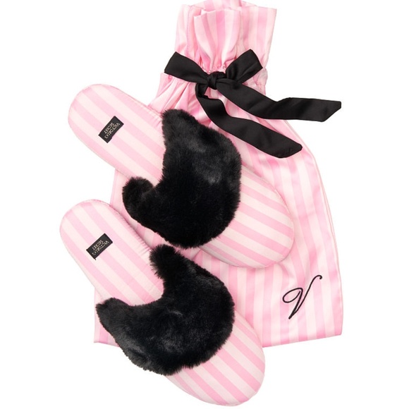 VICTORIA'S SECRET Pink Striped Fur Satin Slippers - Picture 2 of 4